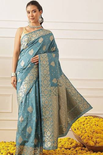 Turquoise woven art silk traditional saree with blouse piece