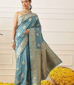 Turquoise woven art silk traditional saree with blouse piece