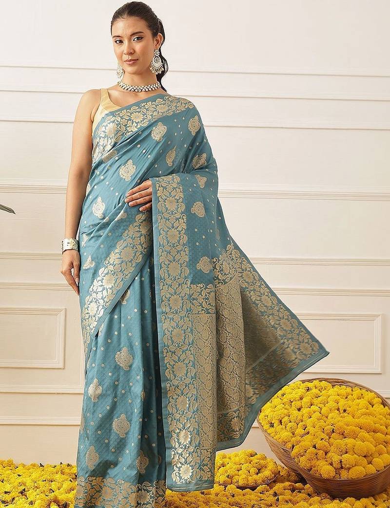 Turquoise woven art silk traditional saree with blouse piece