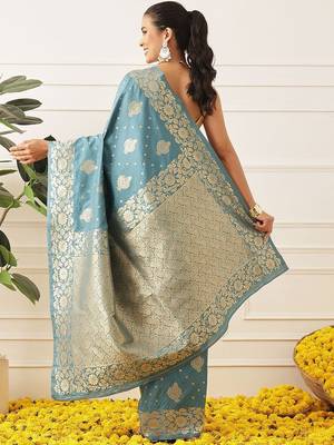Turquoise woven art silk traditional saree with blouse piece 2