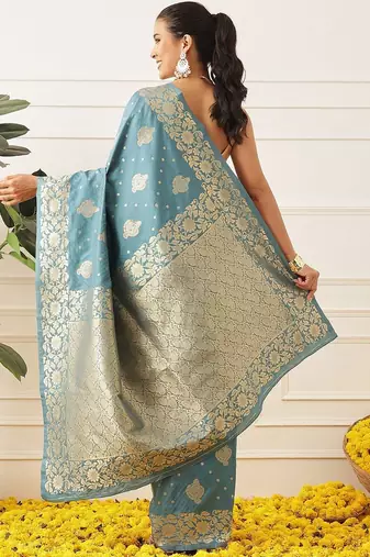 Turquoise woven art silk traditional saree with blouse piece