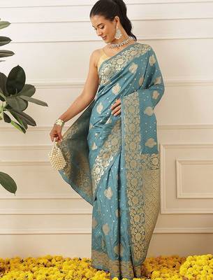 Turquoise woven art silk traditional saree with blouse piece 3
