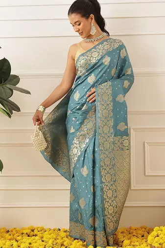Turquoise woven art silk traditional saree with blouse piece
