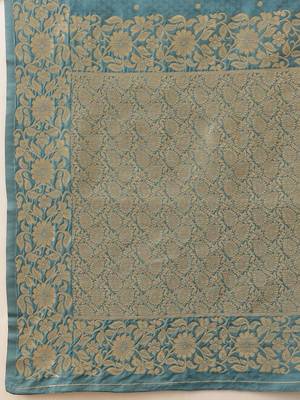 Turquoise woven art silk traditional saree with blouse piece 5