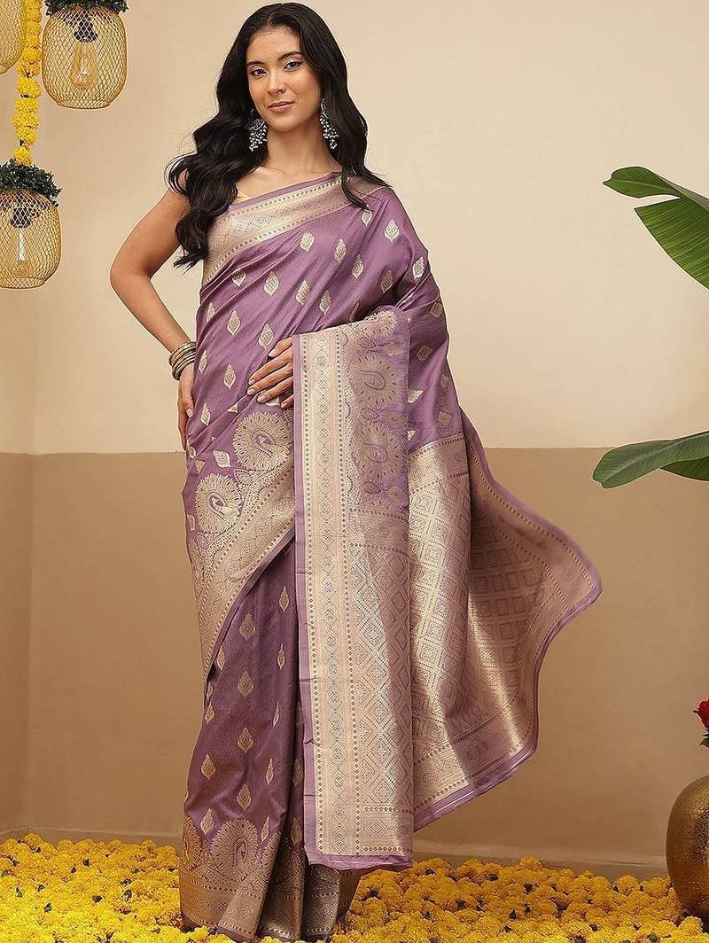 Purple woven art silk traditional saree with blouse piece