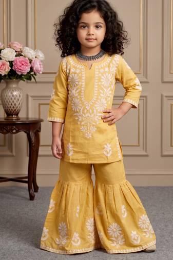 yellow heavy rayon cotton ethnic wear set with embroidery work - designer party wear