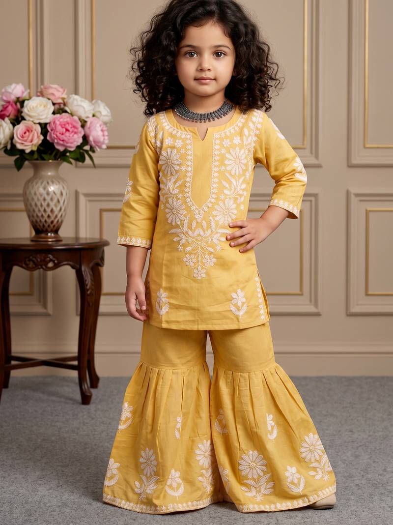 yellow heavy rayon cotton ethnic wear set with embroidery work - designer party wear