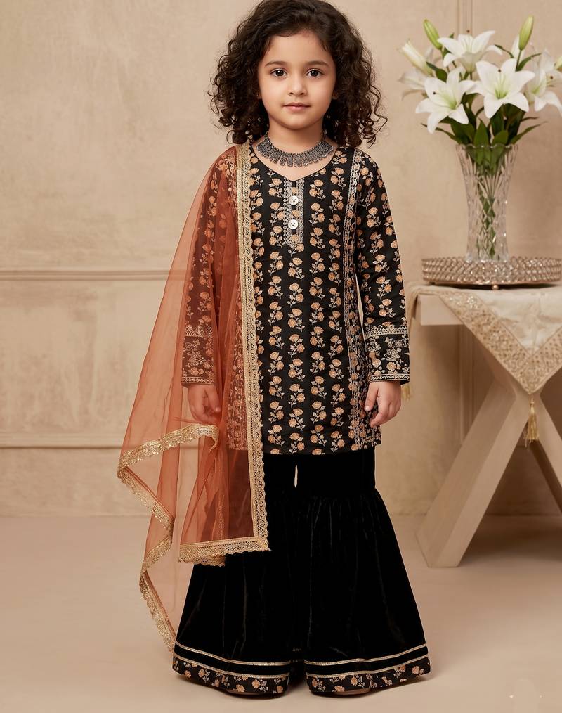 black heavy chinon with embroidery sequnece work with digital print work - designer party wear