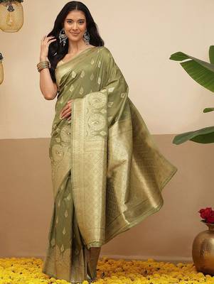 Olive woven art silk traditional saree with blouse piece 1