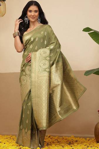 Olive woven art silk traditional saree with blouse piece