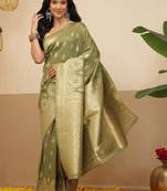 Olive woven art silk traditional saree with blouse piece