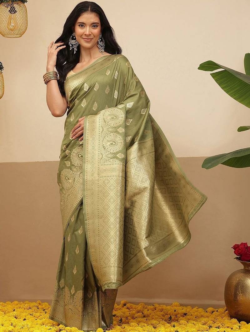 Olive woven art silk traditional saree with blouse piece