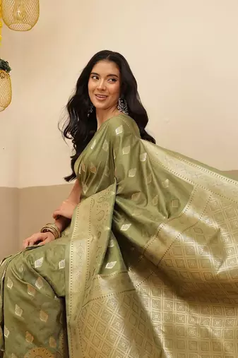 Olive woven art silk traditional saree with blouse piece