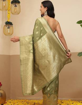 Olive woven art silk traditional saree with blouse piece 3
