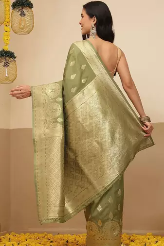 Olive woven art silk traditional saree with blouse piece