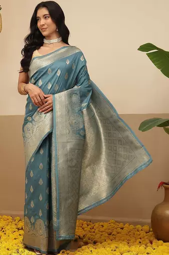 Teal woven art silk traditional saree with blouse piece