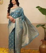 Teal woven art silk traditional saree with blouse piece