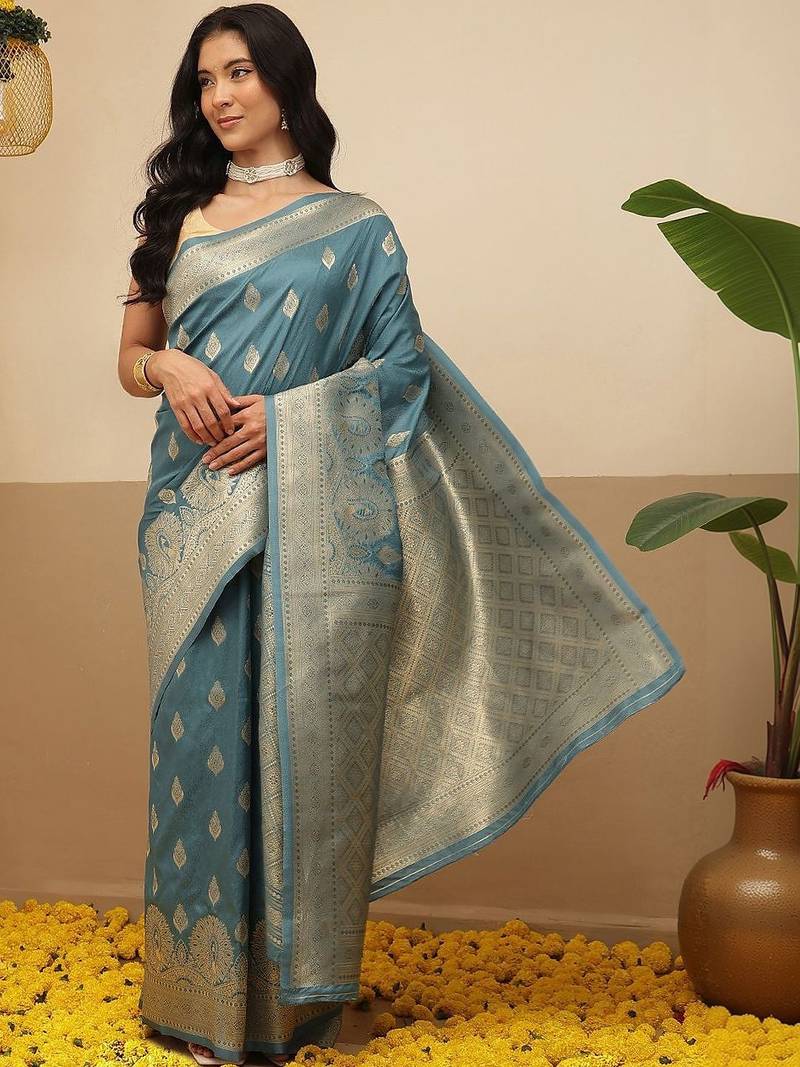 Teal woven art silk traditional saree with blouse piece