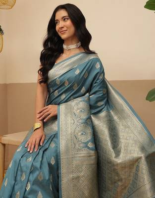 Teal woven art silk traditional saree with blouse piece 2