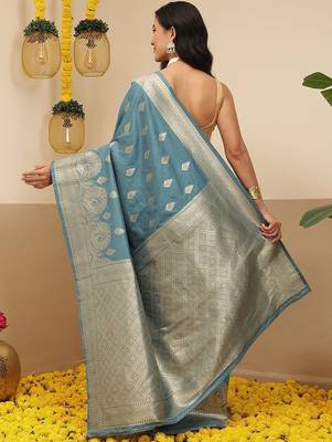 Teal woven art silk traditional saree with blouse piece 3