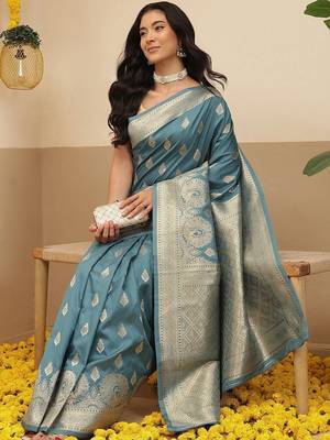 Teal woven art silk traditional saree with blouse piece 4
