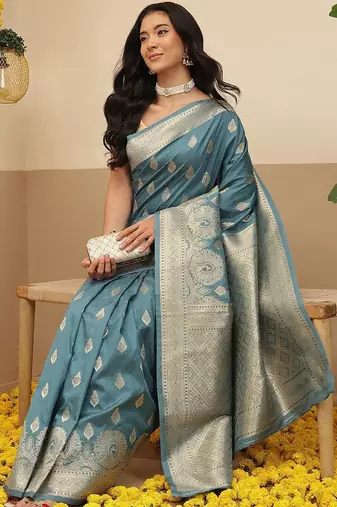Teal woven art silk traditional saree with blouse piece