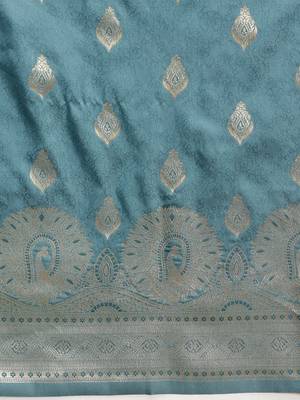 Teal woven art silk traditional saree with blouse piece 5
