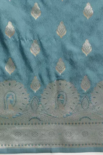 Teal woven art silk traditional saree with blouse piece