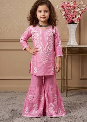 pink heavy rayon cotton ethnic wear set with embroidery work - designer party wear 1