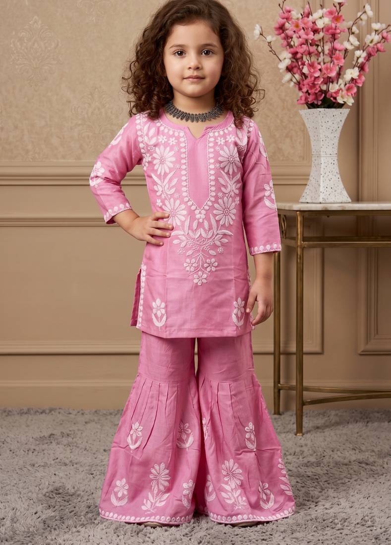 pink heavy rayon cotton ethnic wear set with embroidery work - designer party wear