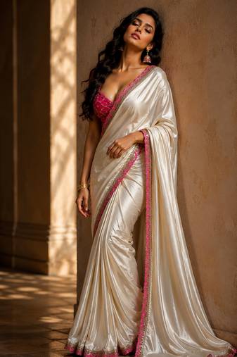 Designer Chinon Saree Decorated With Readymade Sequence Lace  And Contrast Sequence Embroidered Unstitched  Blouse Piece