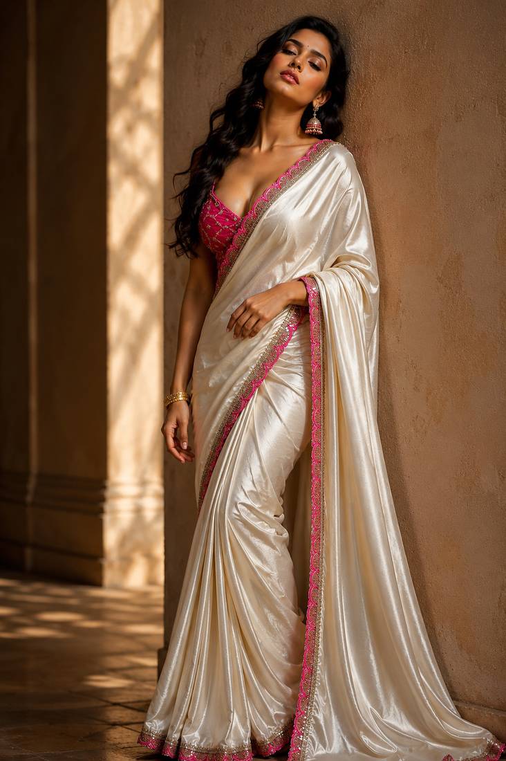 Designer Chinon Saree Decorated With Readymade Sequence Lace  And Contrast Sequence Embroidered Unstitched  Blouse Piece