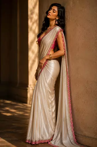 Designer Chinon Saree Decorated With Readymade Sequence Lace  And Contrast Sequence Embroidered Unstitched  Blouse Piece