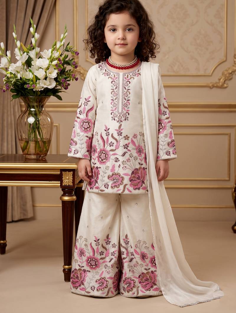 off white heavy chinon silk salwar suit set with embroidery sequence work - designer party wear