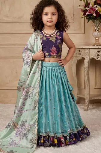 sky blue heavy chinon silk with embroidery sequence work with soft printed work - designer party wear
