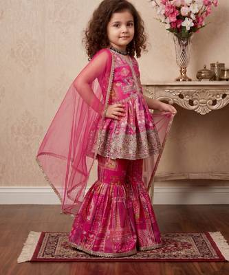 pink heavy japan satin with 5mm sequence embroidery work with digital print work - designer party wear 2