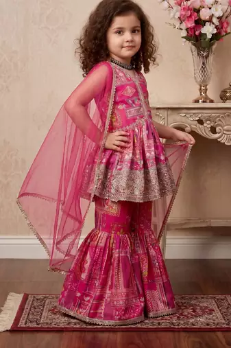 pink heavy japan satin with 5mm sequence embroidery work with digital print work - designer party wear