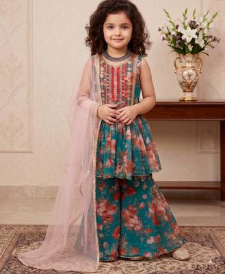 Teal green heavy fox georgette salwar suit set with embroidery sequence work with digital printed - designer party wear 2