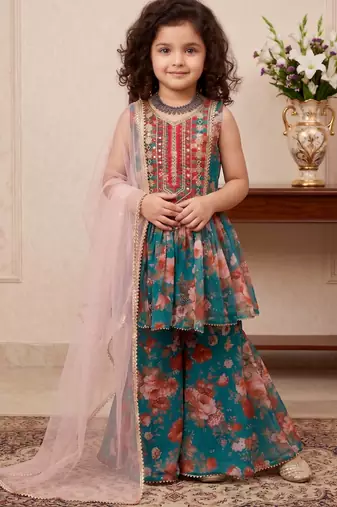 Teal green heavy fox georgette salwar suit set with embroidery sequence work with digital printed - designer party wear