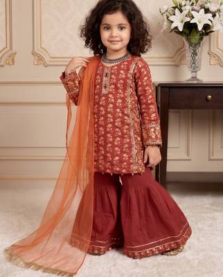 orange heavy chinon with embroidery sequnece work with digital print work - designer party wear 2
