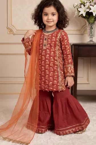 orange heavy chinon with embroidery sequnece work with digital print work - designer party wear