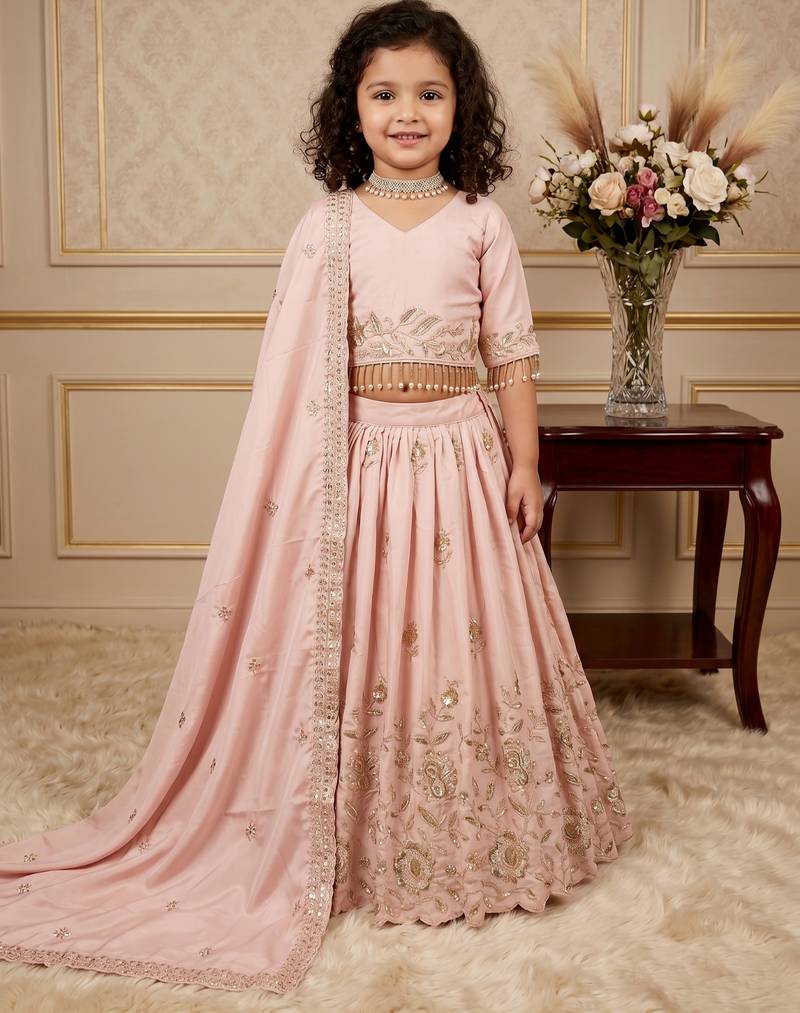 light pink pure heavy natural crep with embroidery sequence work with heavy lace  - designer party wear