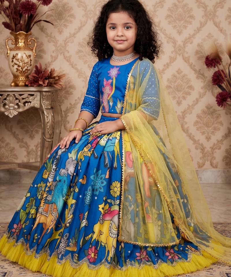 blue heavy chinon silk with print embroidery work - designer party wear