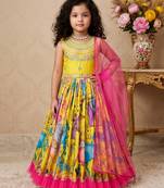 yellow heavy chinon gown set with embroidery sequence work with printed work - designer party wear