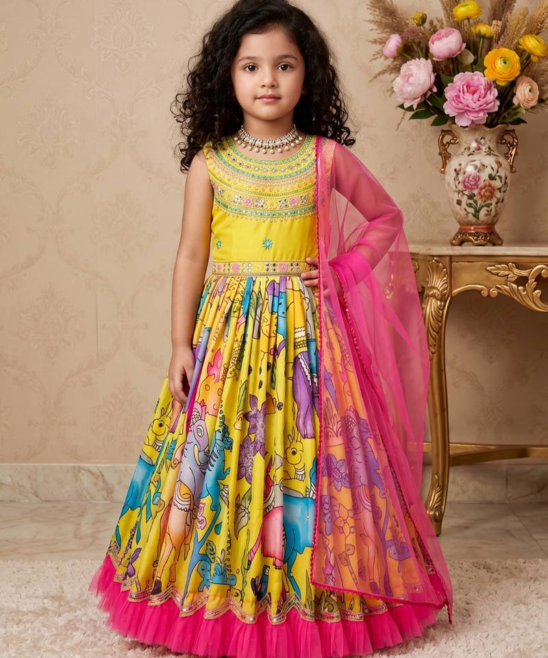 yellow heavy chinon gown set with embroidery sequence work with printed work - designer party wear
