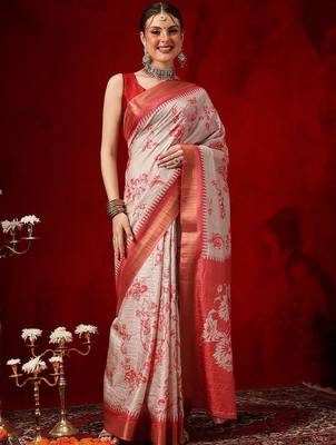 Off white printed art silk ethnic saree with blouse piece 1
