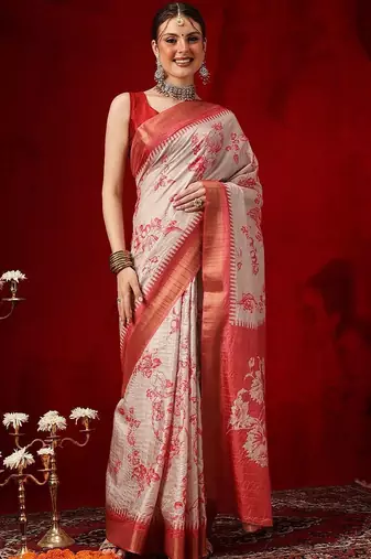 Off white printed art silk ethnic saree with blouse piece