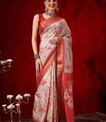 Off white printed art silk ethnic saree with blouse piece