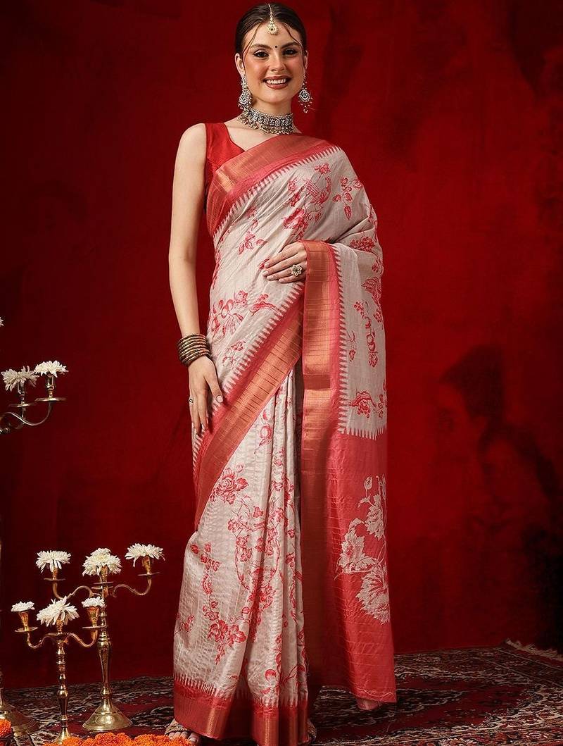 Off white printed art silk ethnic saree with blouse piece