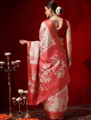 Off white printed art silk ethnic saree with blouse piece 2